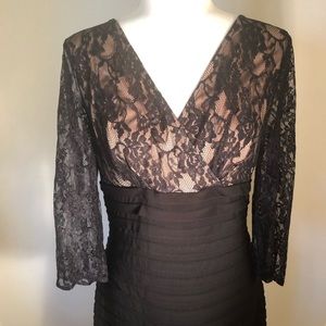 Black V neck lace and jersey cocktail dress
